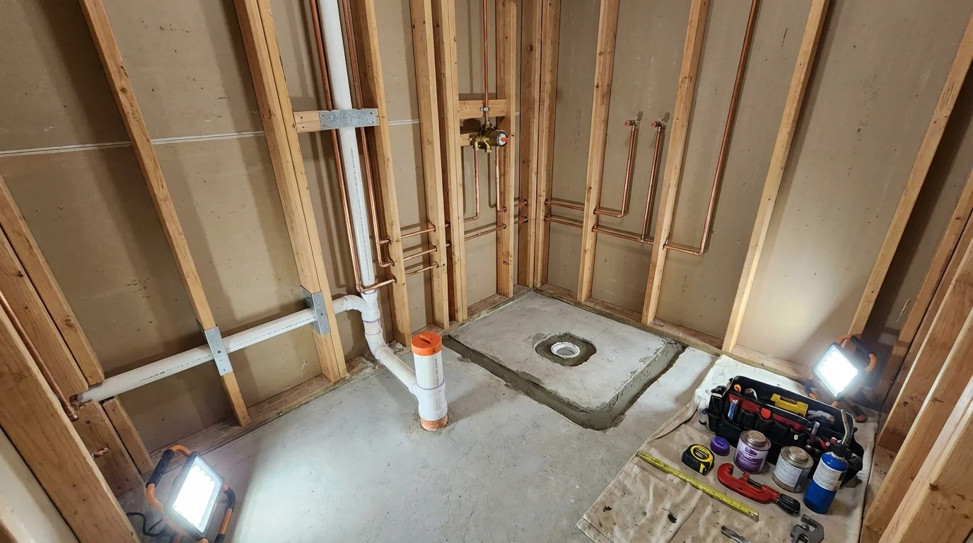 Bathroom rough-in plumbing during remodel by Johns Plumbing LLC in Mayville