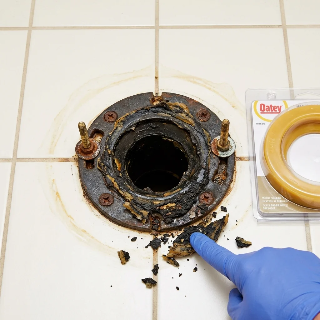 Failed wax ring showing water seepage at the base of a toilet in a Mayville, NY home