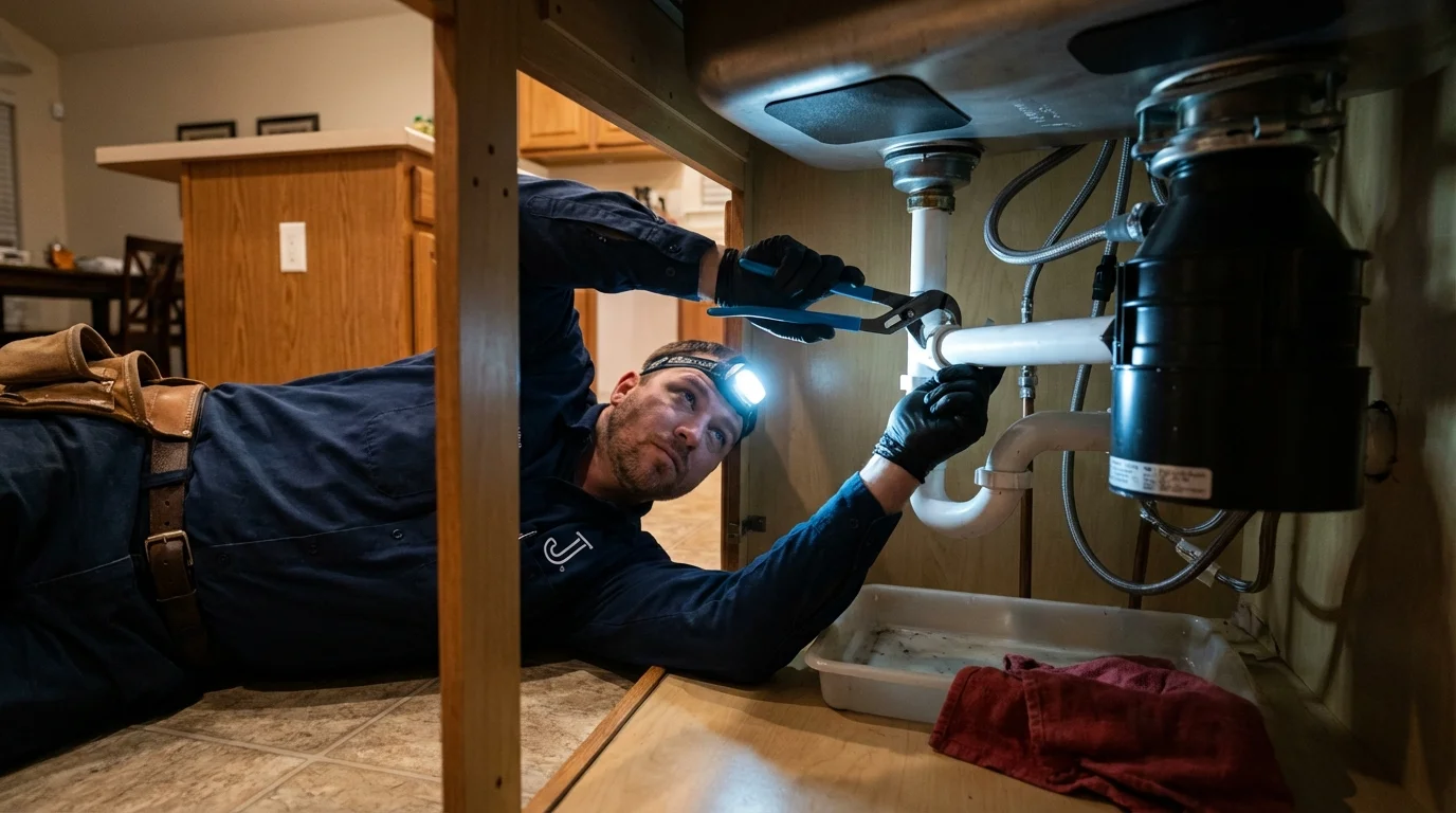 P-trap and supply line connections under a kitchen sink showing a common leak point in Mayville, NY